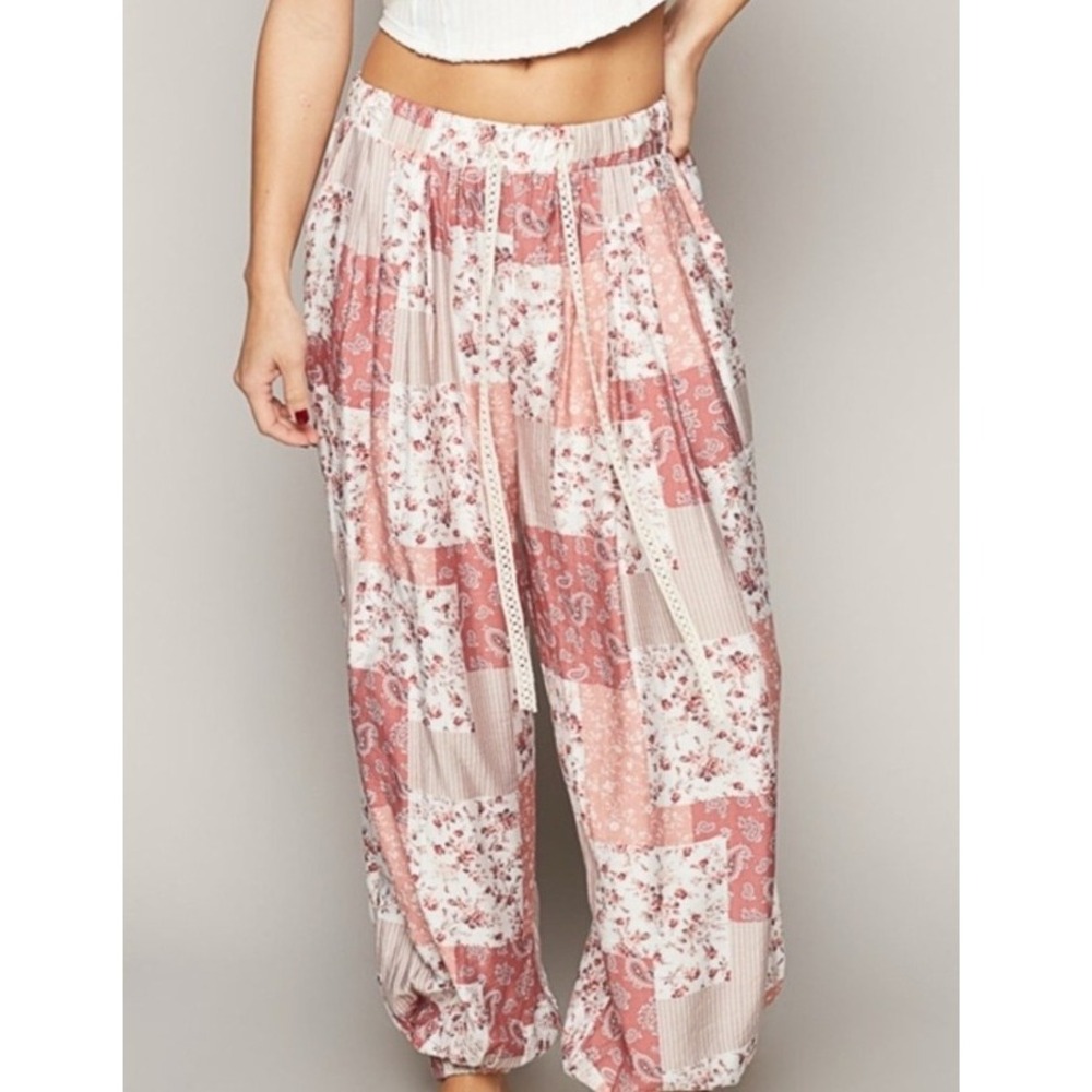 POL Patchwork Print Rayon Boho Harem Pants Women's Size L Drawstring Waist
